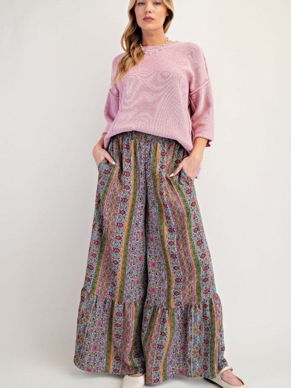 EASEL PRINTED RAYON RUFFLED PANTS 75% RAYON 25% NYLON